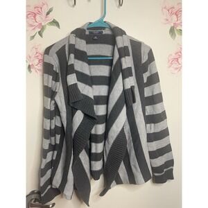 CHAPS Open Front Cardigan Sweater Women's Size‎ L Gray Black Striped Knit Cozy